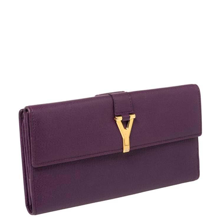 Pre Owned Saint Laurent Purple Leather Y-Ligne Flap Wallet
