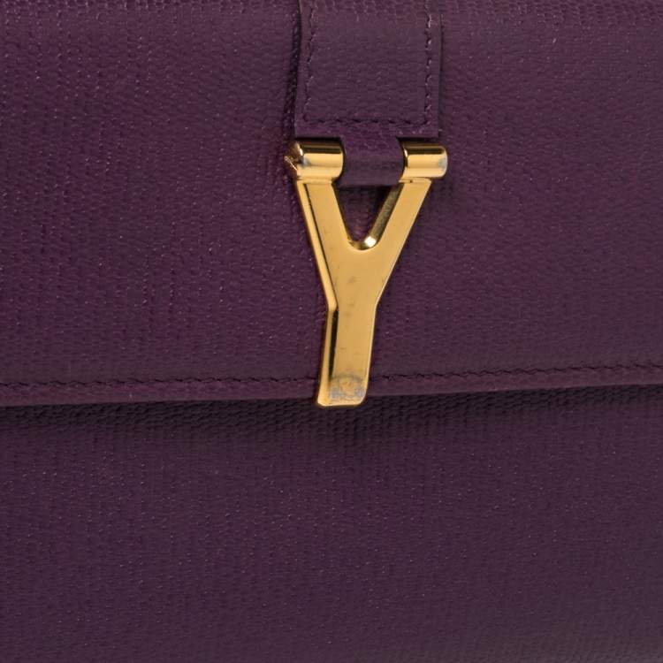 Pre Owned Saint Laurent Purple Leather Y-Ligne Flap Wallet