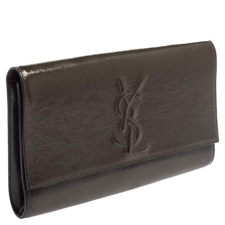 Pre Owned Yves Saint Laurent Olive Green Patent Leather Belle De Jour Flap Clutch