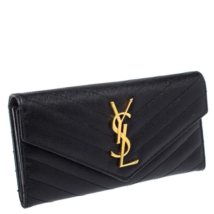 Pre Owned Saint Laurent Paris Black Matelassé Leather Monogram Flap Wallet