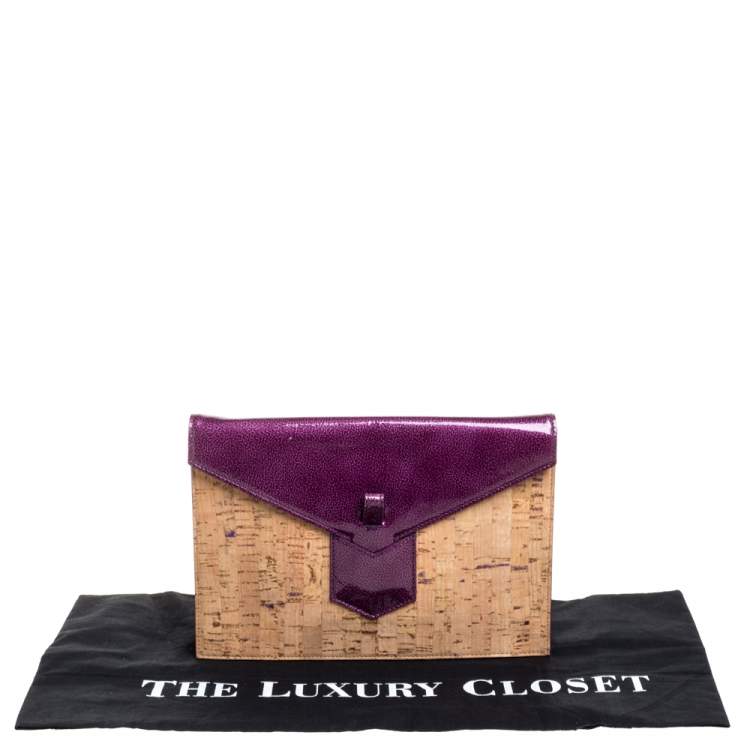 Pre Owned Yves Saint Laurent Beige/Purple Cork and Patent Leather Clutch