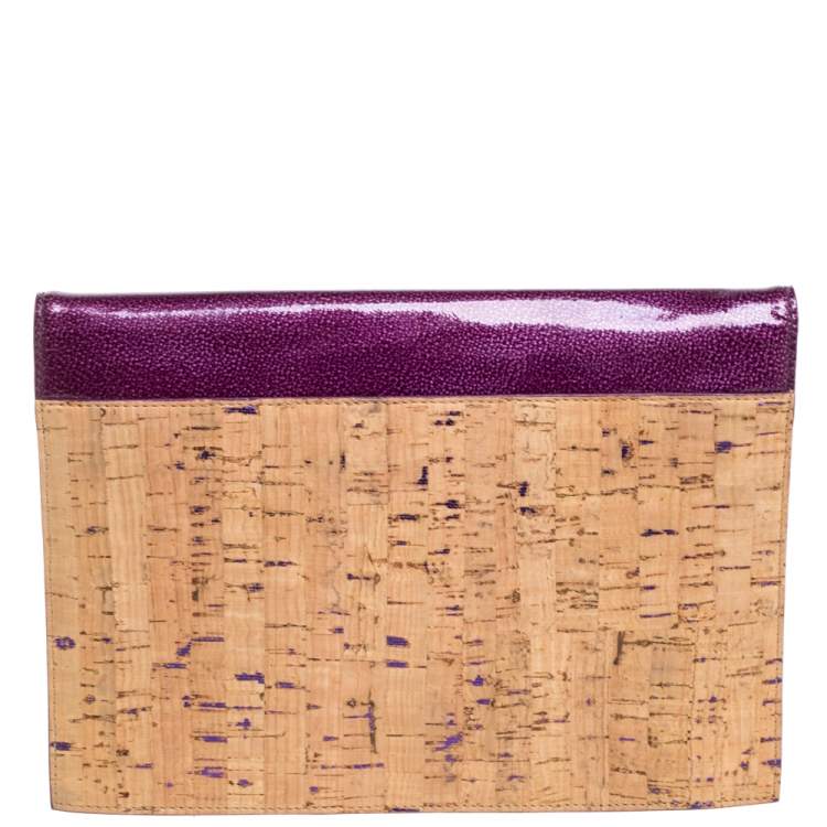 Pre Owned Yves Saint Laurent Beige/Purple Cork and Patent Leather Clutch