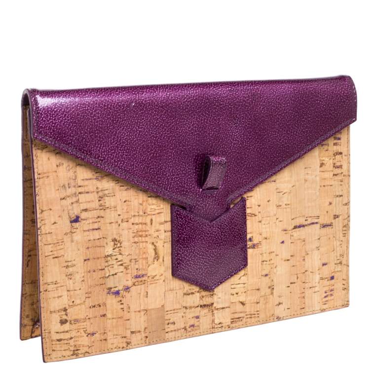Pre Owned Yves Saint Laurent Beige/Purple Cork and Patent Leather Clutch