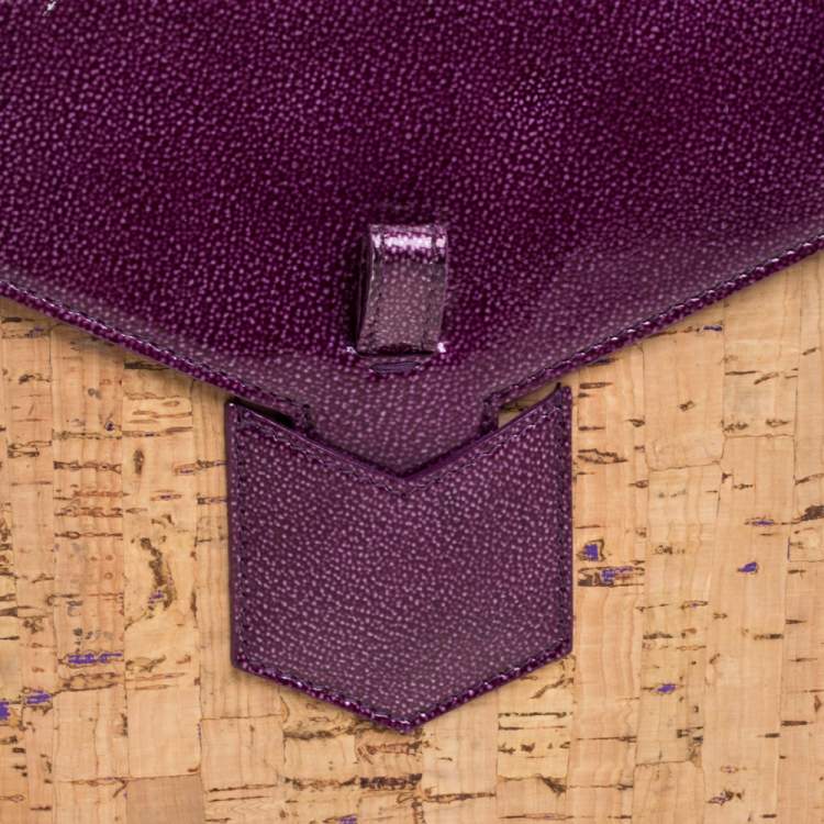 Pre Owned Yves Saint Laurent Beige/Purple Cork and Patent Leather Clutch
