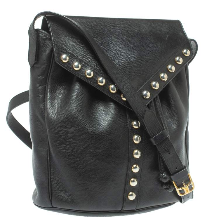 Pre Owned Yves Saint Laurent Black Leather Studded Y Flap Shoulder Bag