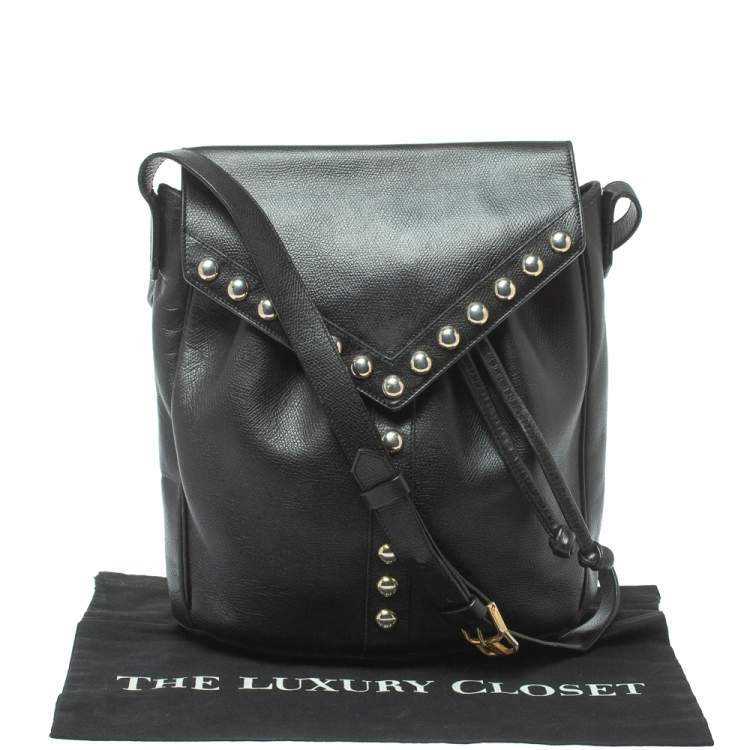 Pre Owned Yves Saint Laurent Black Leather Studded Y Flap Shoulder Bag