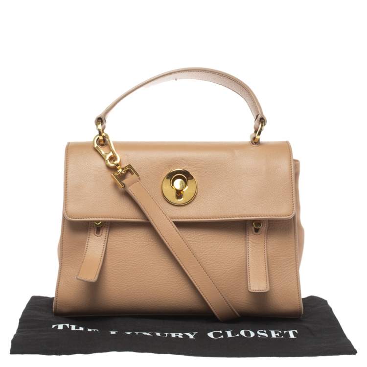 Pre Owned Saint Laurent Beige Leather and Fabric Small Muse Two Bag