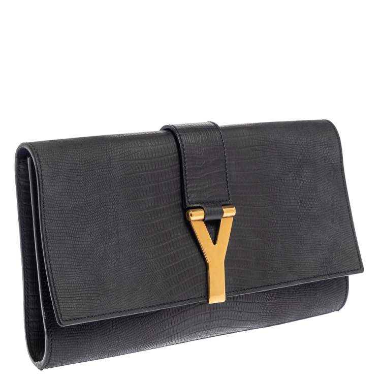 Pre Owned Yves Saint Laurent Grey Ombre Lizard Embossed Leather Y-Ligne Clutch