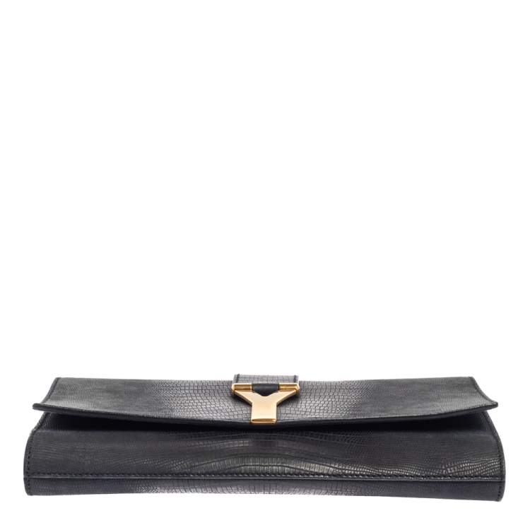 Pre Owned Yves Saint Laurent Grey Ombre Lizard Embossed Leather Y-Ligne Clutch