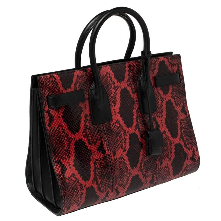 Pre Owned Saint Laurent Red/Black Python and Leather Small Classic Sac De Jour Tote