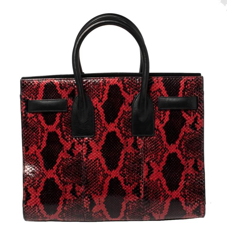 Pre Owned Saint Laurent Red/Black Python and Leather Small Classic Sac De Jour Tote