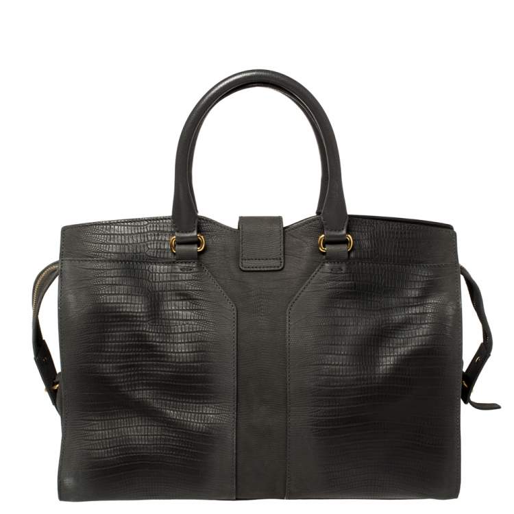 Pre Owned Yves Saint Laurent Grey Lizard Embossed Leather Medium Cabas Y-Ligne Tote