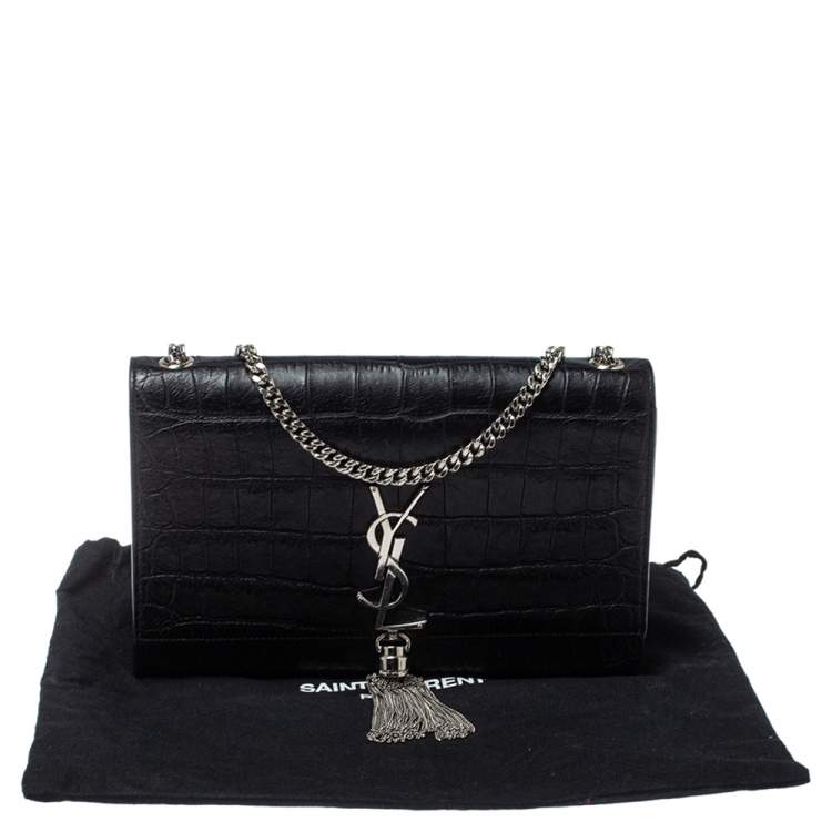 مملوكة مسبقًا Saint Laurent Black Croc Embossed Leather Kate Monogram Shoulder Bag