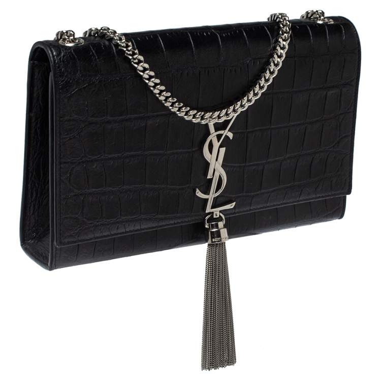 مملوكة مسبقًا Saint Laurent Black Croc Embossed Leather Kate Monogram Shoulder Bag