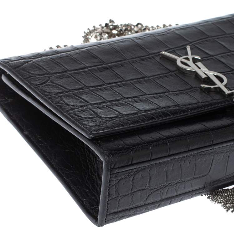 مملوكة مسبقًا Saint Laurent Black Croc Embossed Leather Kate Monogram Shoulder Bag