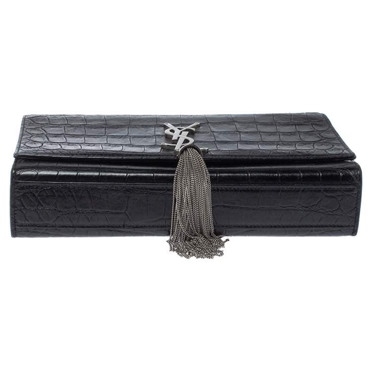 مملوكة مسبقًا Saint Laurent Black Croc Embossed Leather Kate Monogram Shoulder Bag