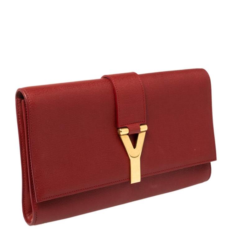 Pre Owned Yves Saint Laurent Red Texured Leather Y-Ligne Clutch