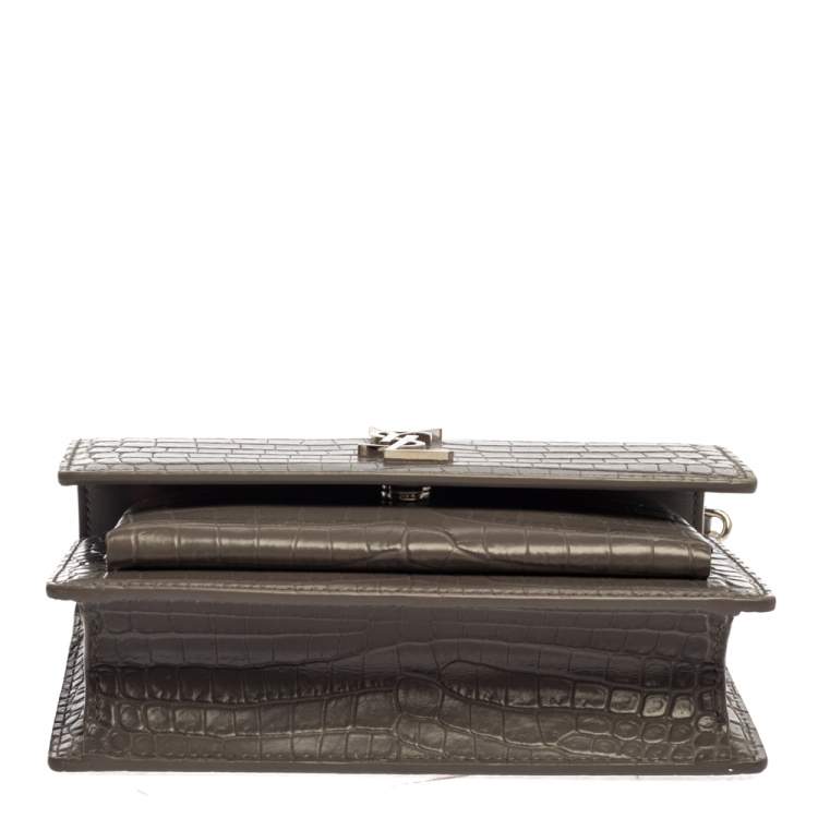 Pre Owned Saint Laurent Grey Croc Embossed Leather Sunset Shoulder Bag