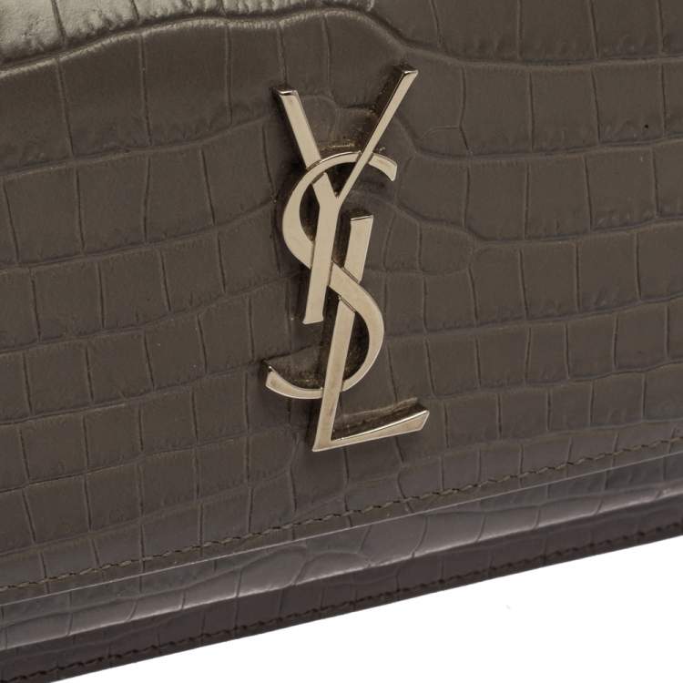 Pre Owned Saint Laurent Grey Croc Embossed Leather Sunset Shoulder Bag