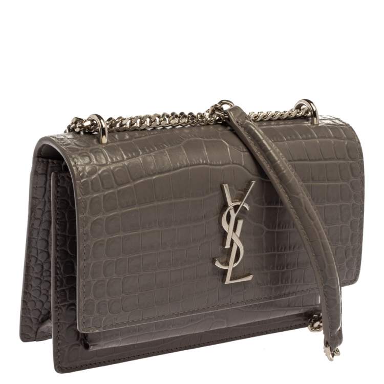 Pre Owned Saint Laurent Grey Croc Embossed Leather Sunset Shoulder Bag