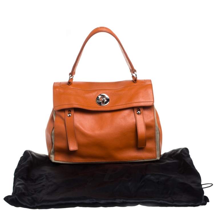 Pre Owned Yves Saint Laurent Orange/Beige Leather and Canvas Muse Two Satchel