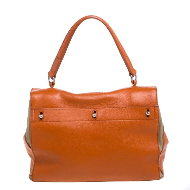 Pre Owned Yves Saint Laurent Orange/Beige Leather and Canvas Muse Two Satchel