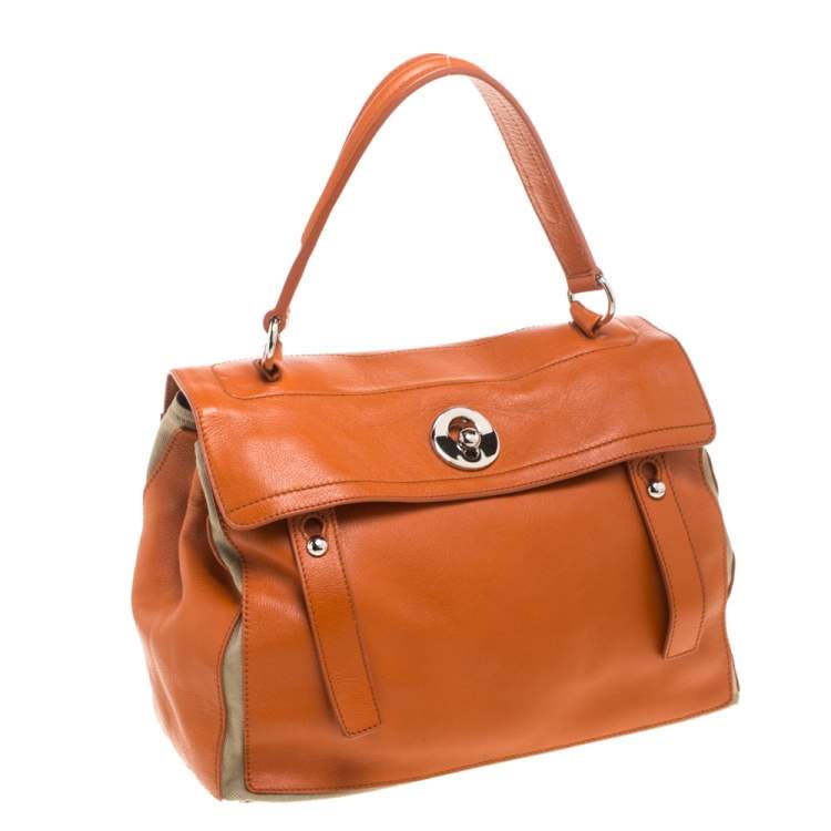 Pre Owned Yves Saint Laurent Orange/Beige Leather and Canvas Muse Two Satchel