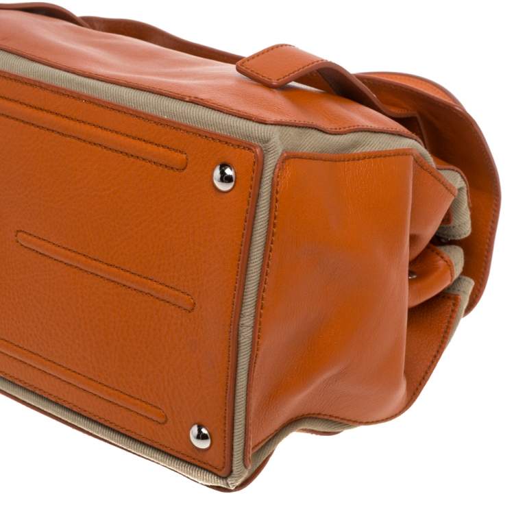 Pre Owned Yves Saint Laurent Orange/Beige Leather and Canvas Muse Two Satchel