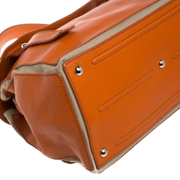 Pre Owned Yves Saint Laurent Orange/Beige Leather and Canvas Muse Two Satchel