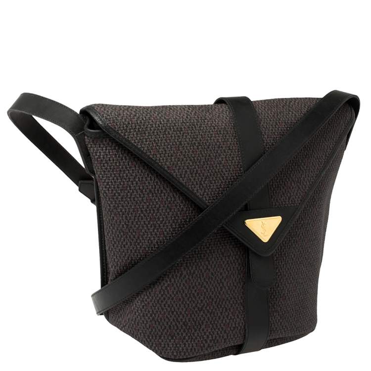 Pre Owned Saint Laurent Black/Purple Woven Coated Canvas and Leather Vintage Flap Shoulder bag