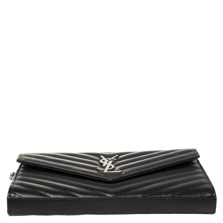 Pre Owned Saint Laurent Black Matelasse Leather Monogram Envelope Wallet on Chain