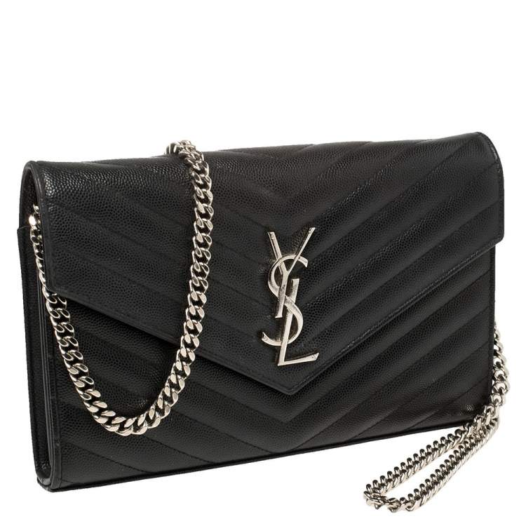 Pre Owned Saint Laurent Black Matelasse Leather Monogram Envelope Wallet on Chain