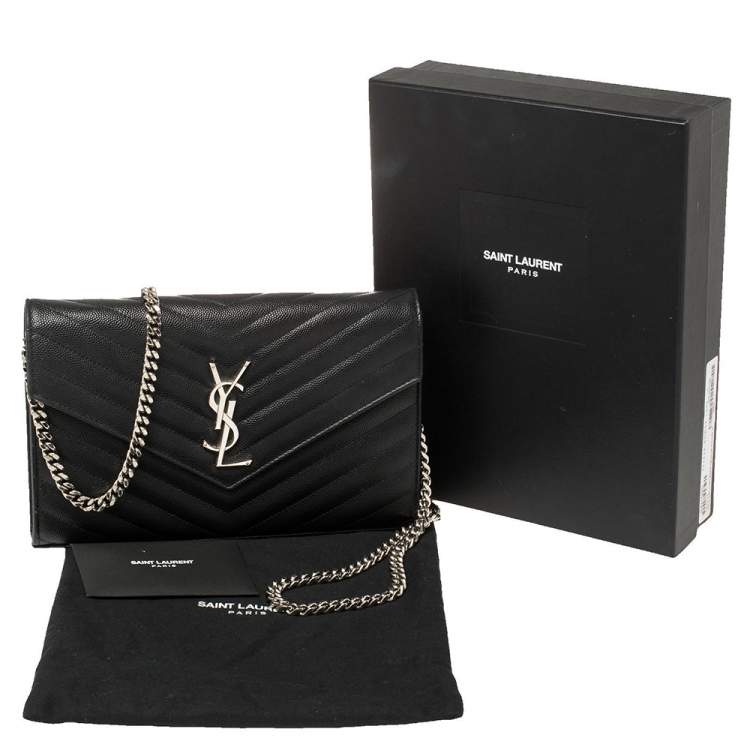 Pre Owned Saint Laurent Black Matelasse Leather Monogram Envelope Wallet on Chain