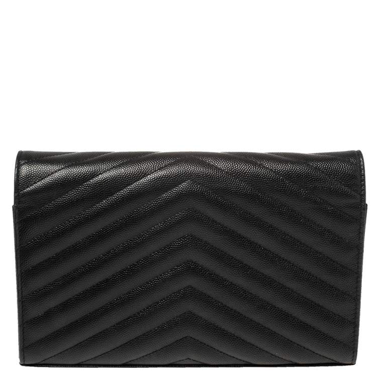 Pre Owned Saint Laurent Black Matelasse Leather Monogram Envelope Wallet on Chain