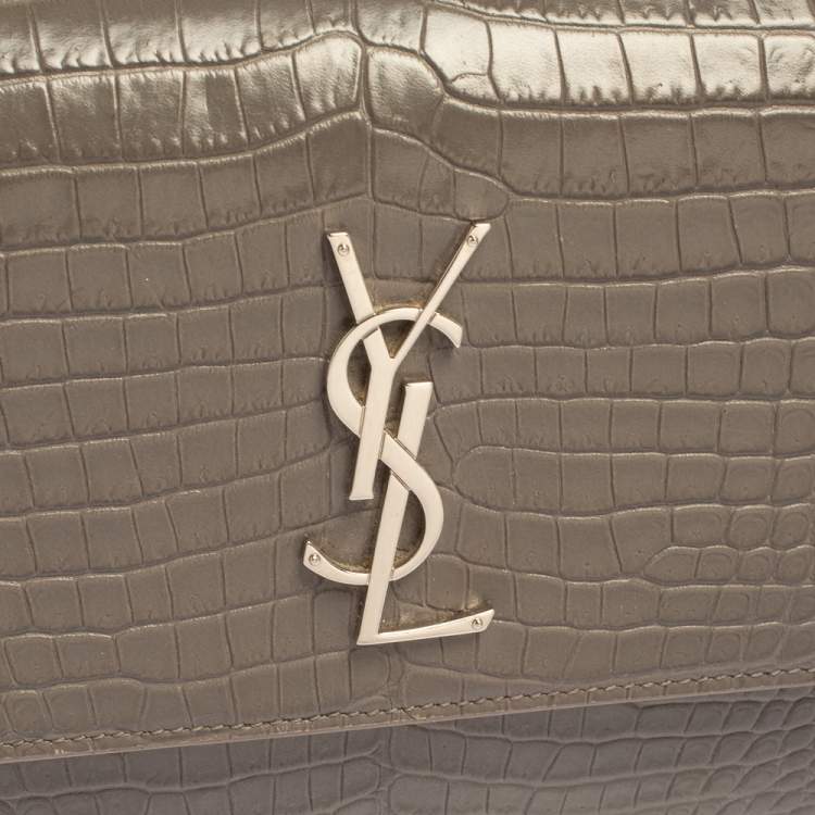 Pre Owned Saint Laurent Grey Croc Embossed Leather Medium Sunset Shoulder Bag