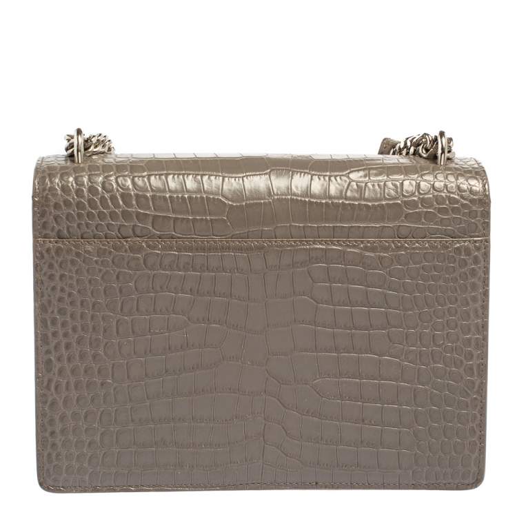 Pre Owned Saint Laurent Grey Croc Embossed Leather Medium Sunset Shoulder Bag