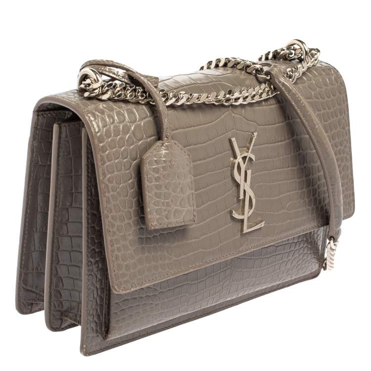 Pre Owned Saint Laurent Grey Croc Embossed Leather Medium Sunset Shoulder Bag