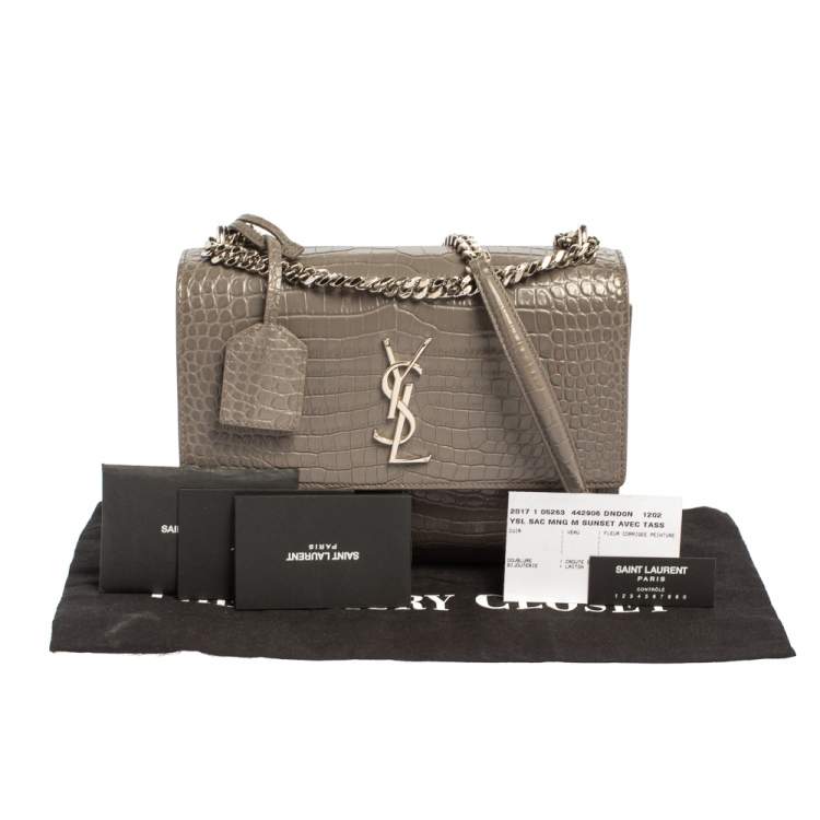 Pre Owned Saint Laurent Grey Croc Embossed Leather Medium Sunset Shoulder Bag