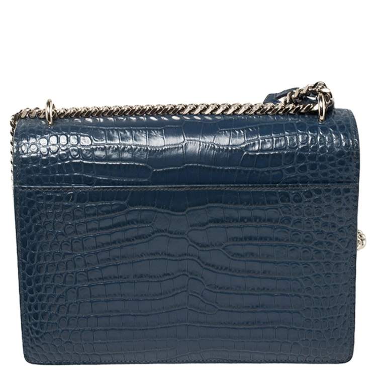 Pre Owned Saint Laurent Blue Croc Embossed Leather Medium Sunset Shoulder Bag
