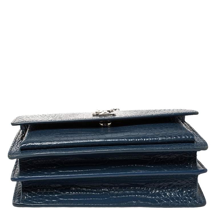 Pre Owned Saint Laurent Blue Croc Embossed Leather Medium Sunset Shoulder Bag