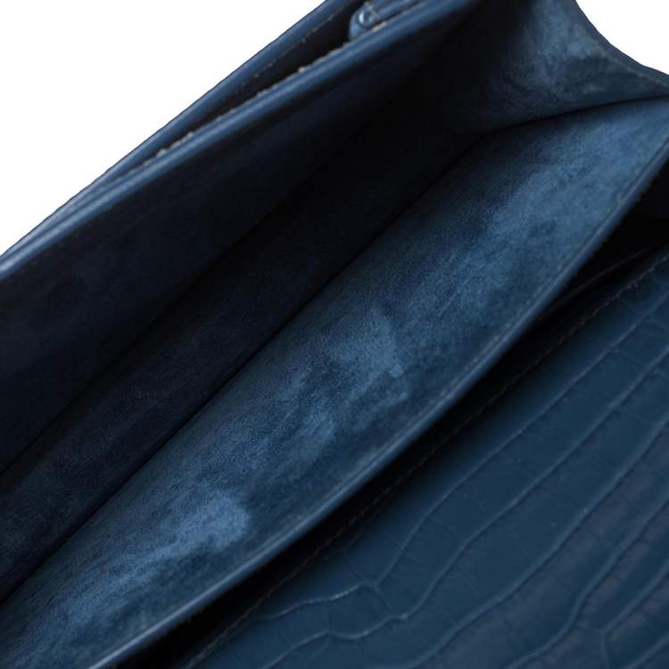 Pre Owned Saint Laurent Blue Croc Embossed Leather Medium Sunset Shoulder Bag