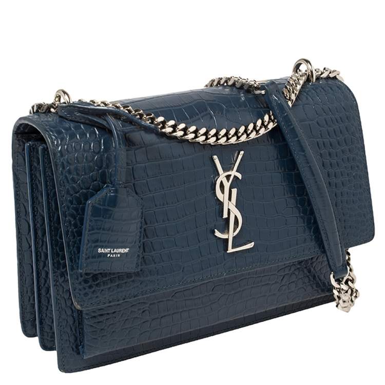 Pre Owned Saint Laurent Blue Croc Embossed Leather Medium Sunset Shoulder Bag