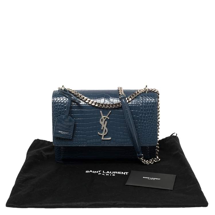 Pre Owned Saint Laurent Blue Croc Embossed Leather Medium Sunset Shoulder Bag