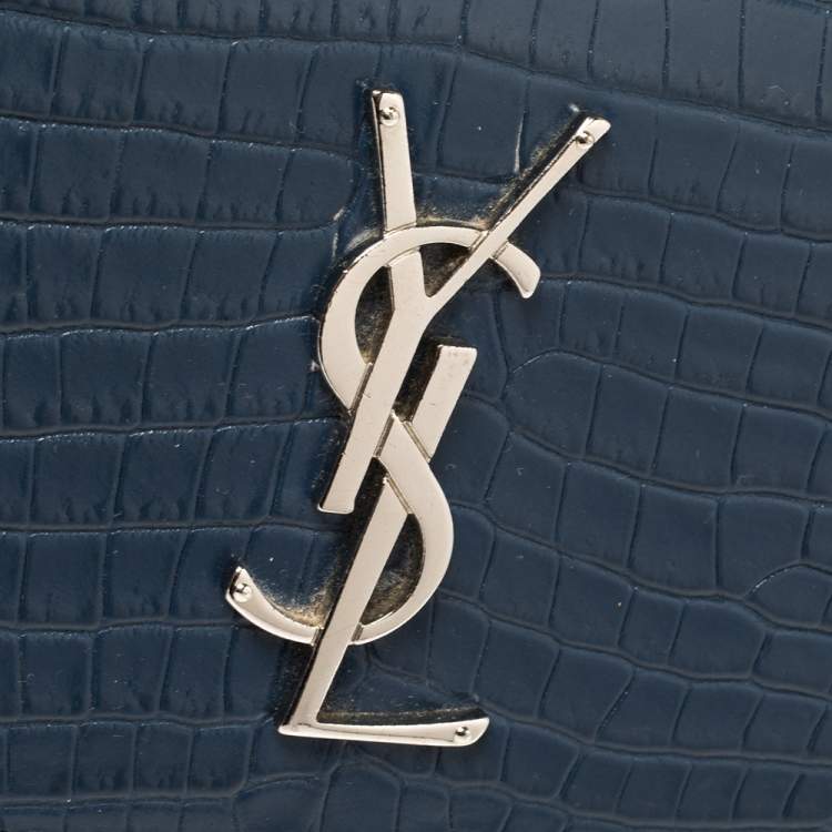 Pre Owned Saint Laurent Blue Croc Embossed Leather Medium Sunset Shoulder Bag