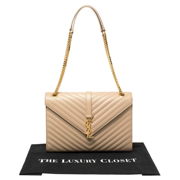 Pre Owned Saint Laurent Beige Matelassé Leather Large Cassandre Flap Bag