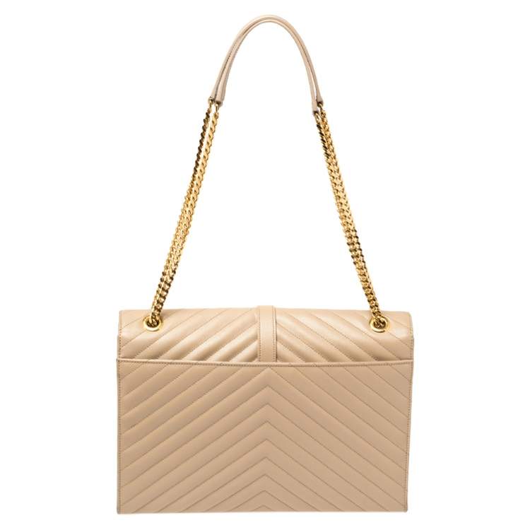 Pre Owned Saint Laurent Beige Matelassé Leather Large Cassandre Flap Bag