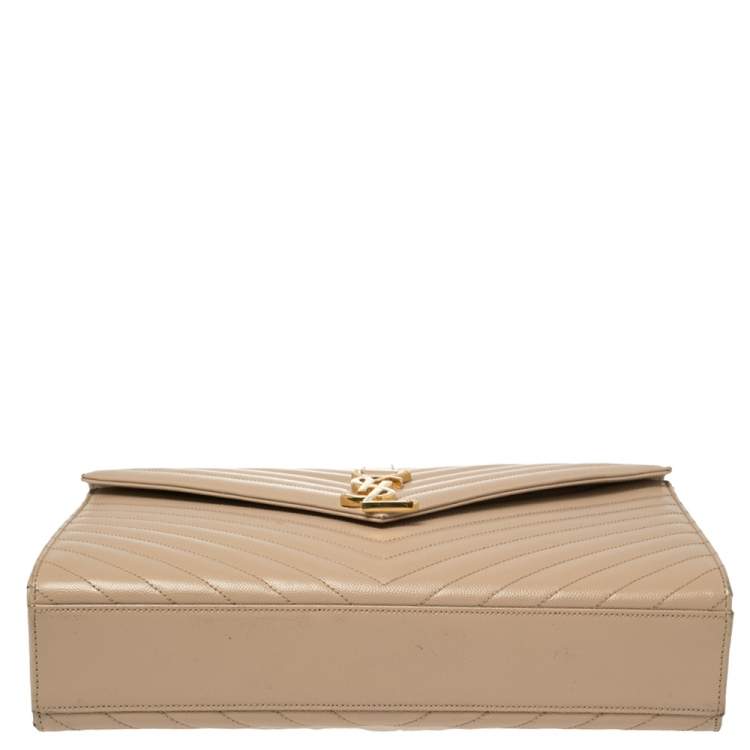 Pre Owned Saint Laurent Beige Matelassé Leather Large Cassandre Flap Bag