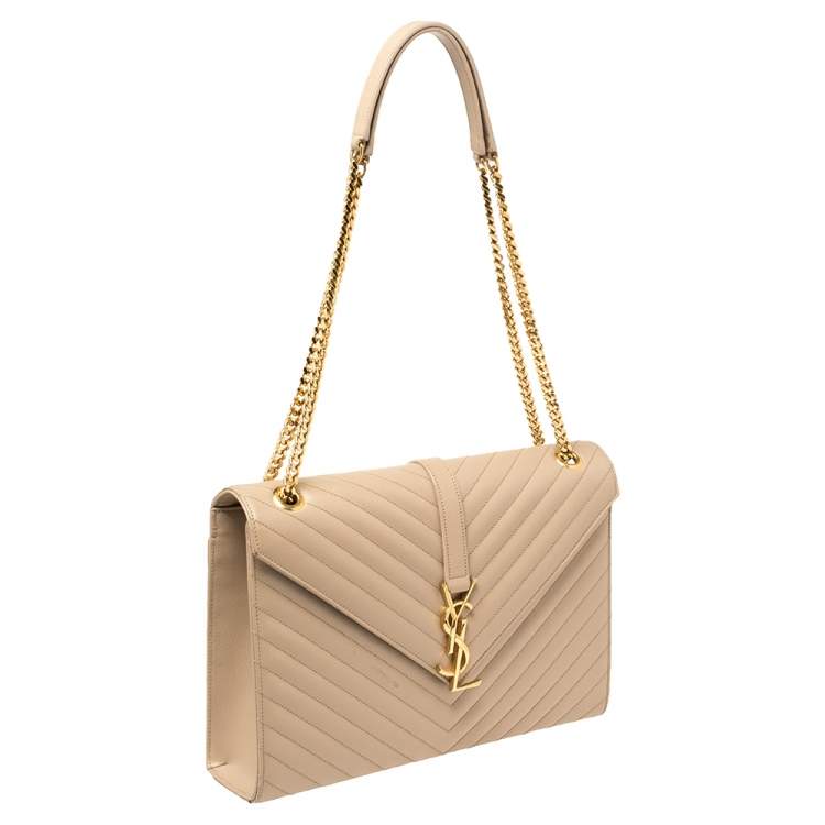 Pre Owned Saint Laurent Beige Matelassé Leather Large Cassandre Flap Bag