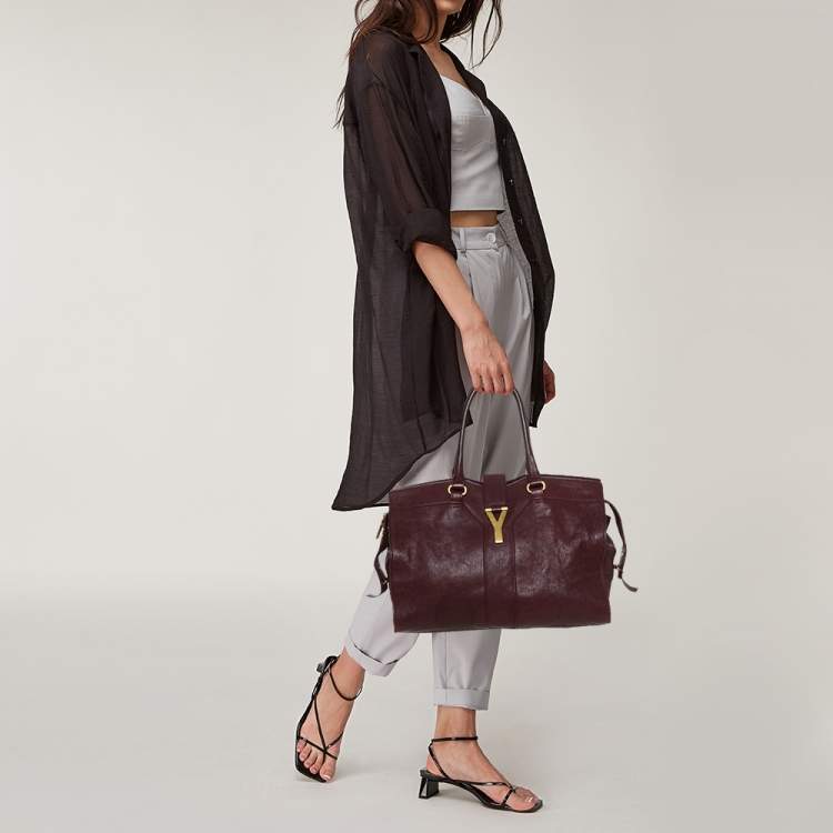 Pre Owned Yves Saint Laurent Burgundy Leather Medium Cabas Y-Ligne Tote