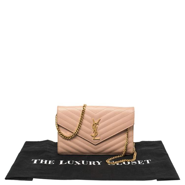 Pre Owned Saint Laurent Pink Matelasse Leather Monogram Envelope Wallet on Chain